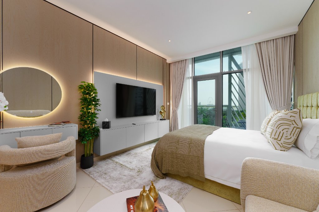 Bed with TV wall and vanity