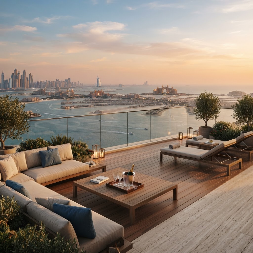Luxury Dubai vacation home terrace at golden hour