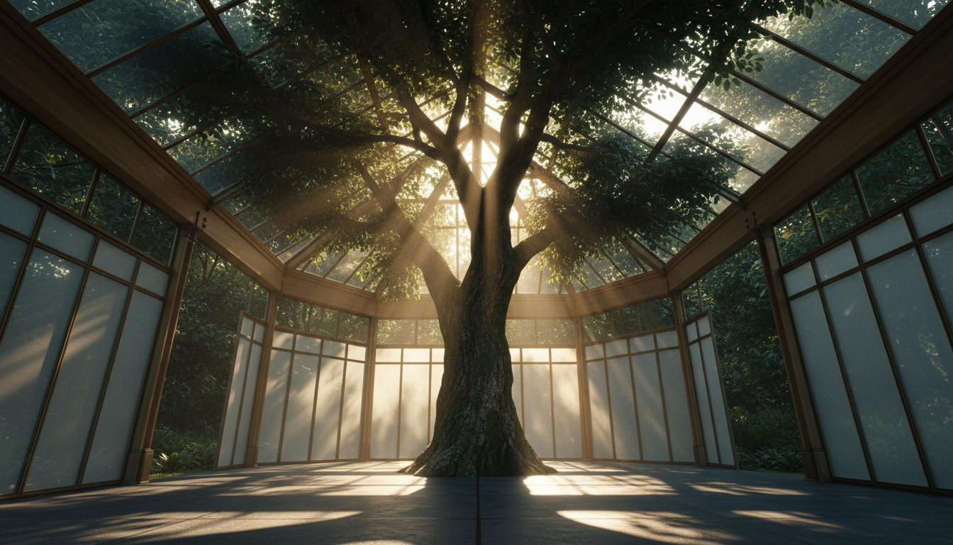 Glass conservatory pavilion in an ancient forest