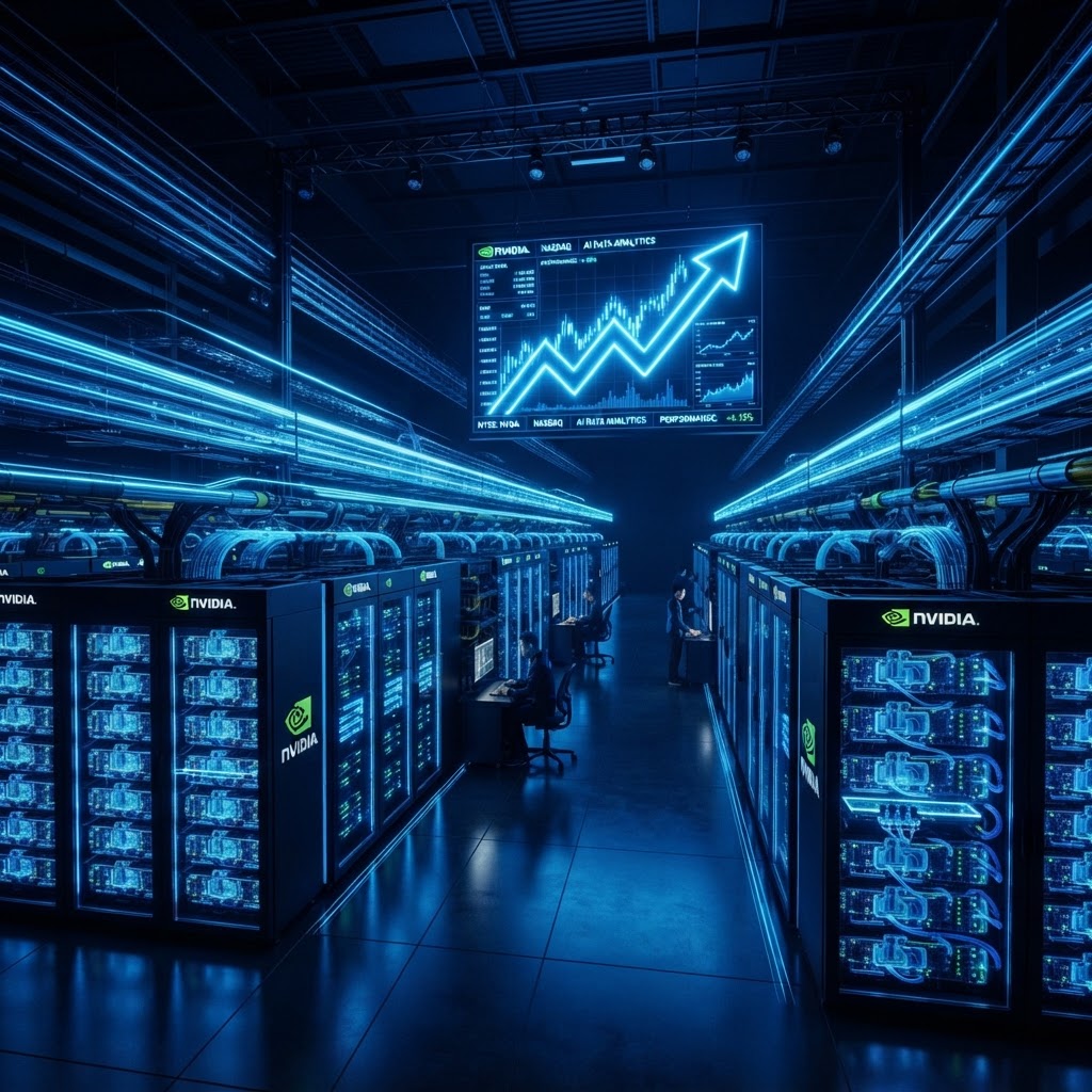 Abstrakte Darstellung von Rechenzentrum-Servern und GPU-Chips in NVIDIA-Grün