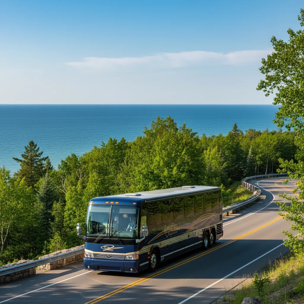 Coach bus on a sightseeing tour along Lake Michigan