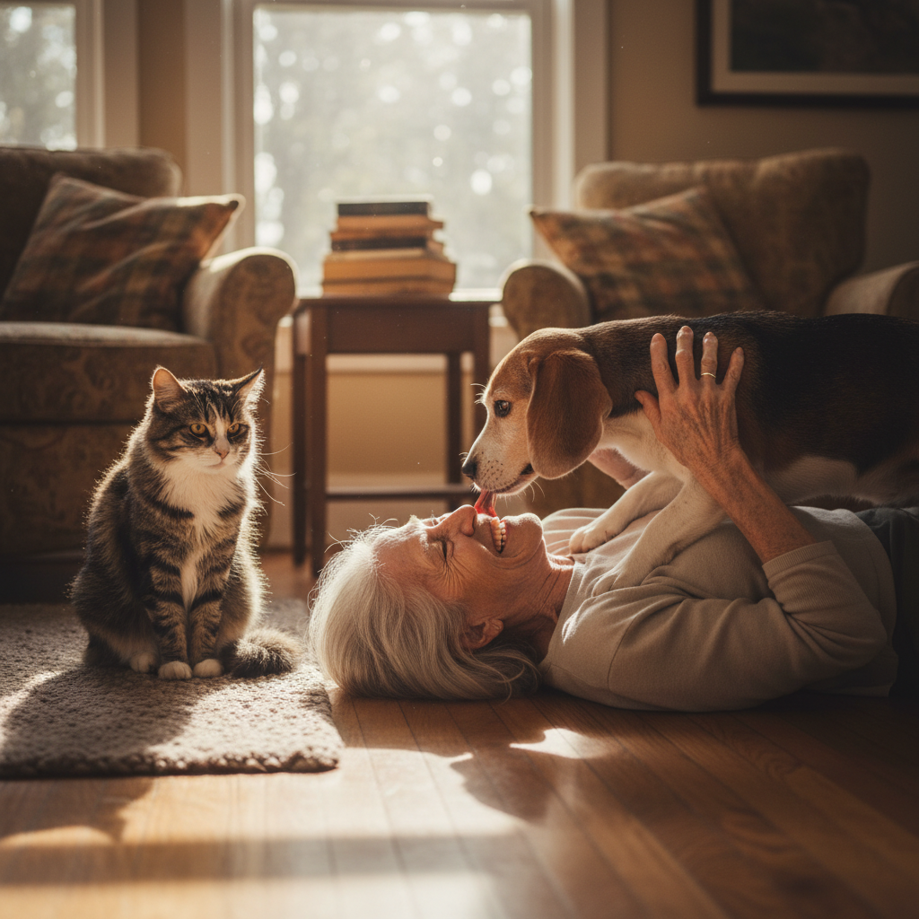 Elderly woman laughing with her senior dog