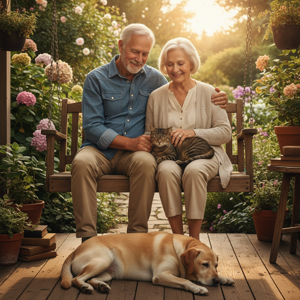 Elderly couple on porch swing with their aging pets