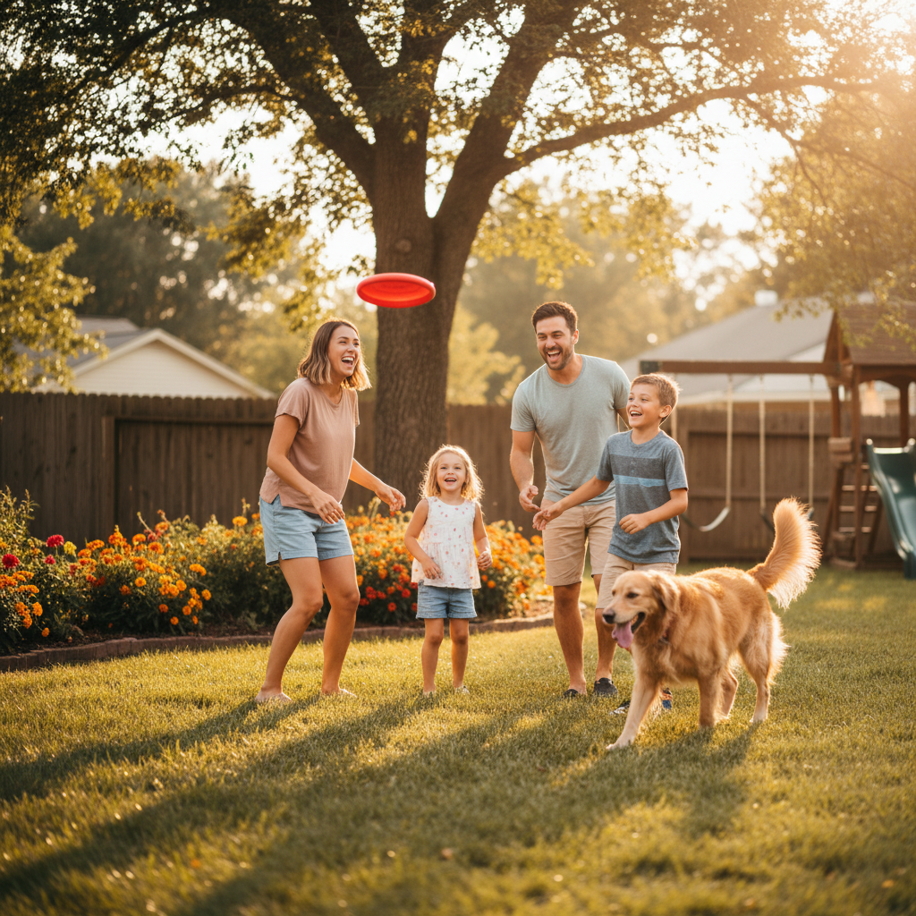 Young family playing outside with their dog