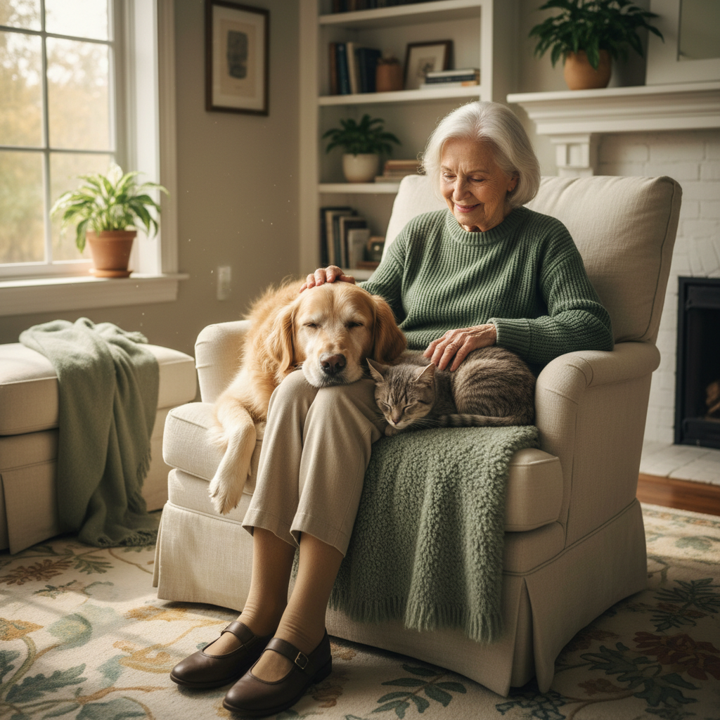 Elderly woman with senior dog and cat demonstrating pet comfort care