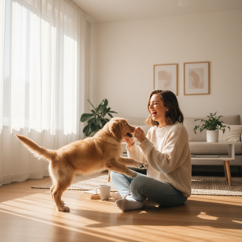 Young woman playing with her golden retriever