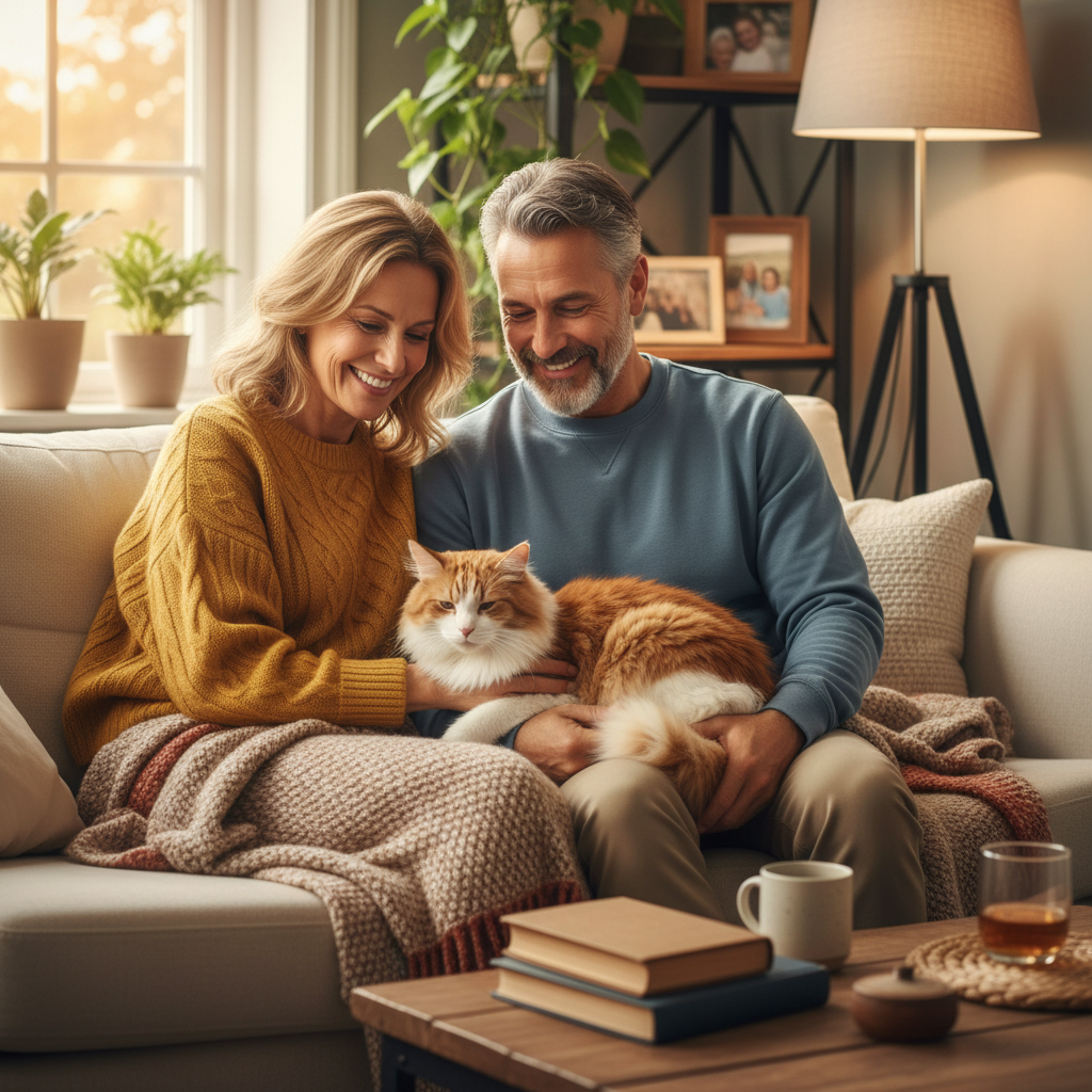 Middle-aged couple cuddling their cat on the couch