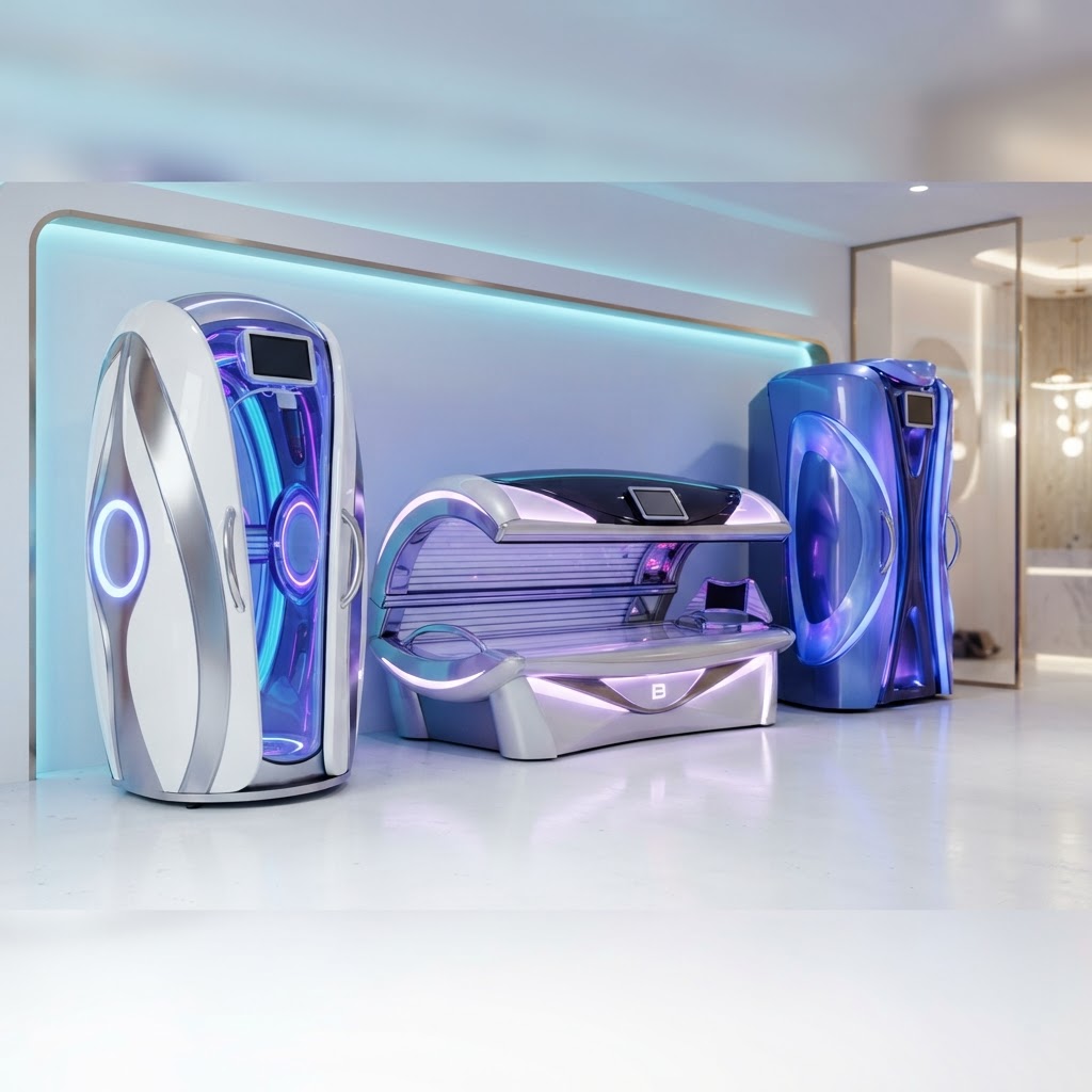 Reihe moderner Solariumsgeräte mit verschiedenen Designs im Studio