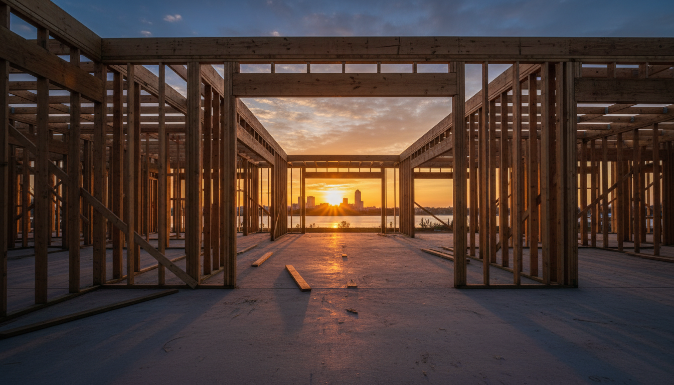 Custom home framing against Jacksonville sunrise