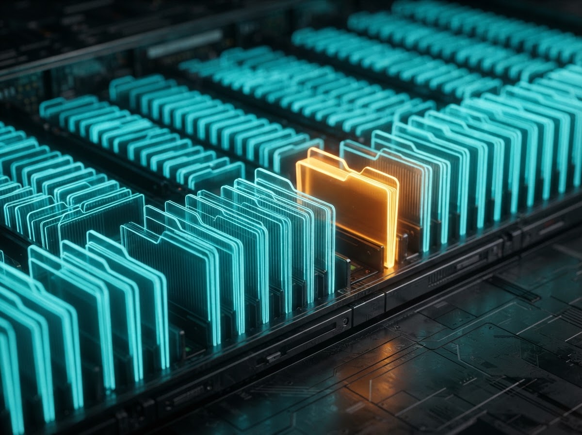 Rows of filed folders glowing cyan