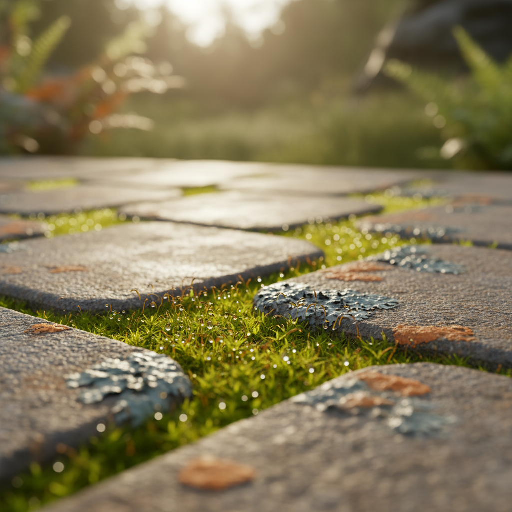 Macro detail of moss growing between concrete pavers