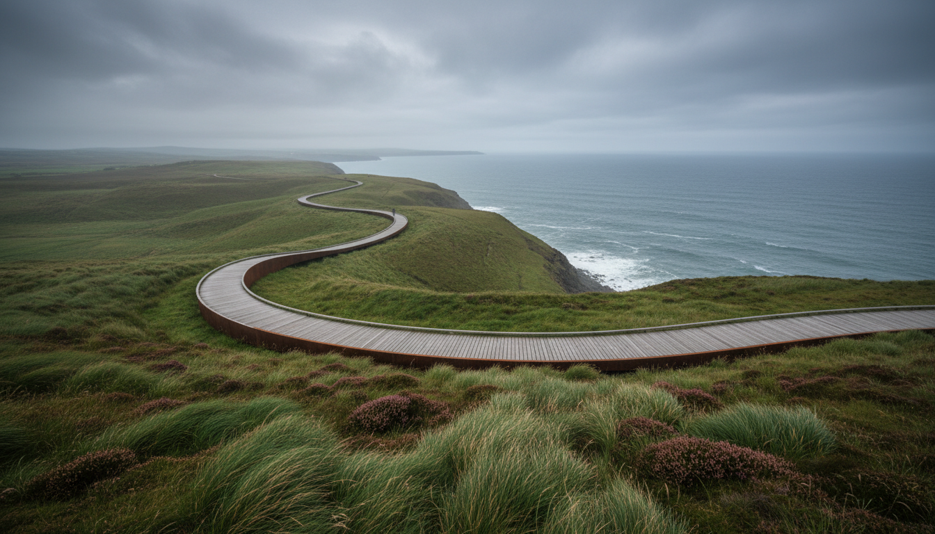 Mist-shrouded Irish coastal landscape with contemporary boardwalk architecture
