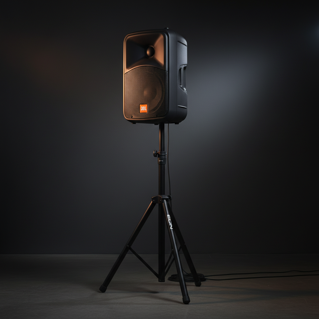 JBL EON powered speaker system on stand in professional rehearsal studio