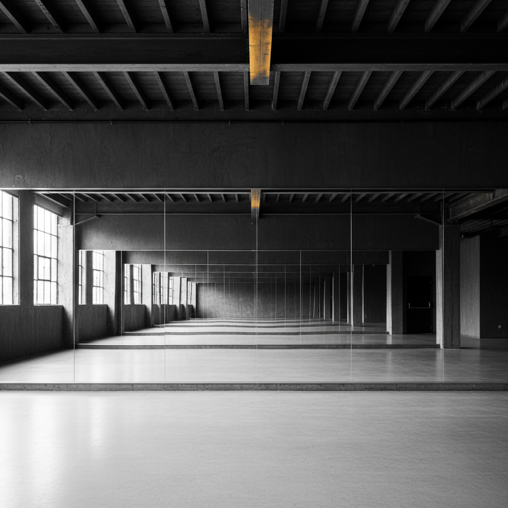 Wall-to-wall mirrors reflecting the industrial studio space with exposed ceiling and dark walls