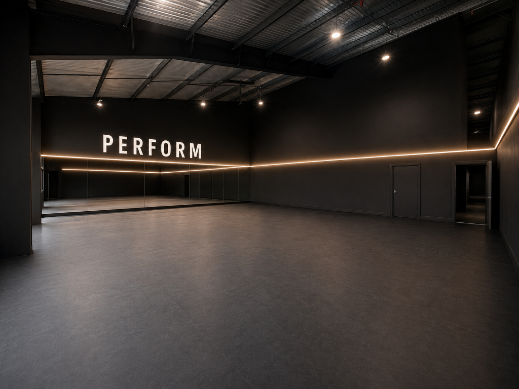 The Rehearsal Room - empty industrial rehearsal studio with sprung dance floor, mirrors, and dramatic lighting