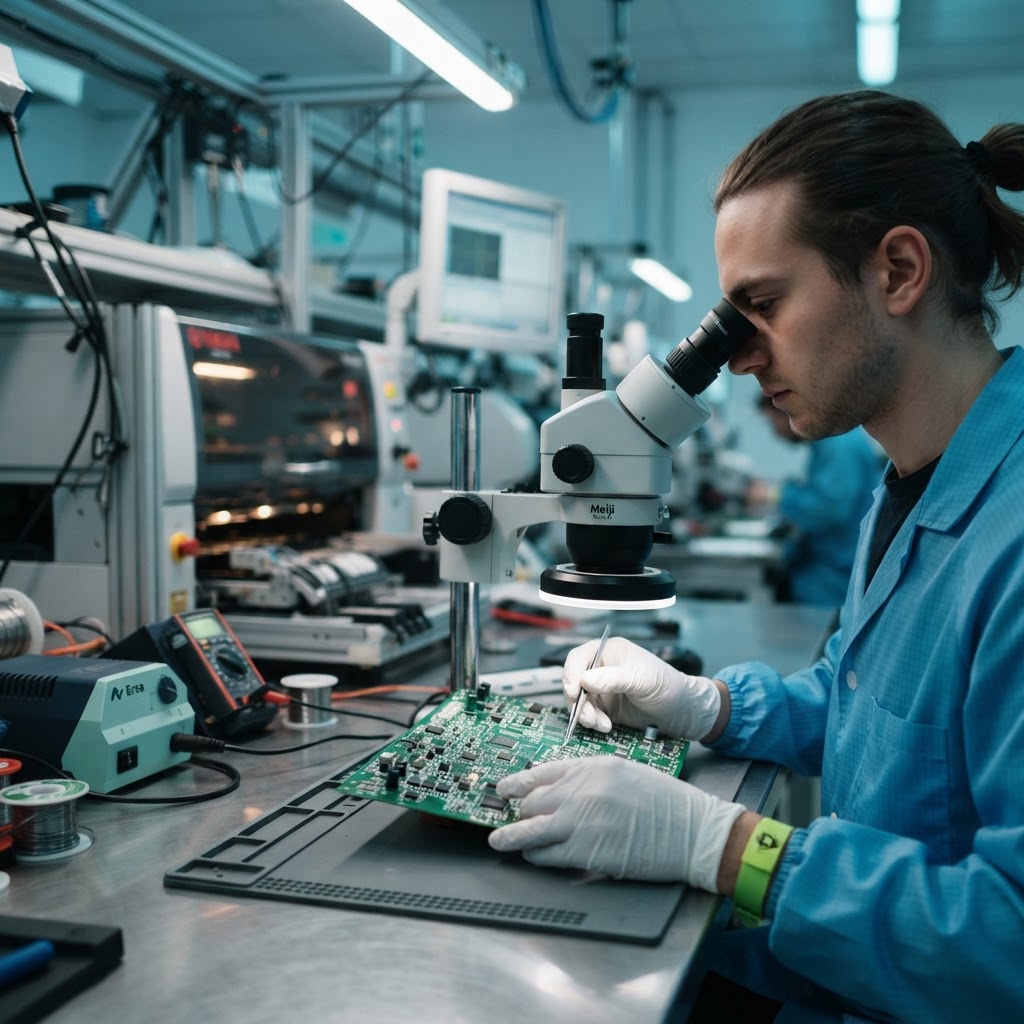 Tecnico E-Team che ispeziona una scheda elettronica al microscopio