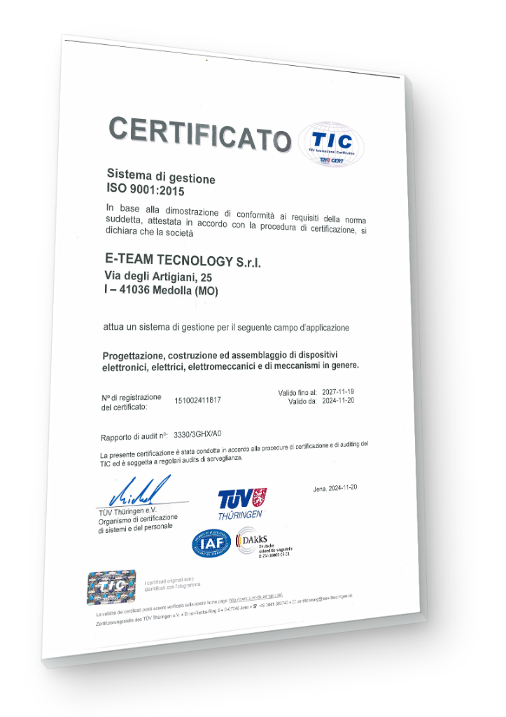 Certificato ISO 9001:2015 E-Team Tecnology