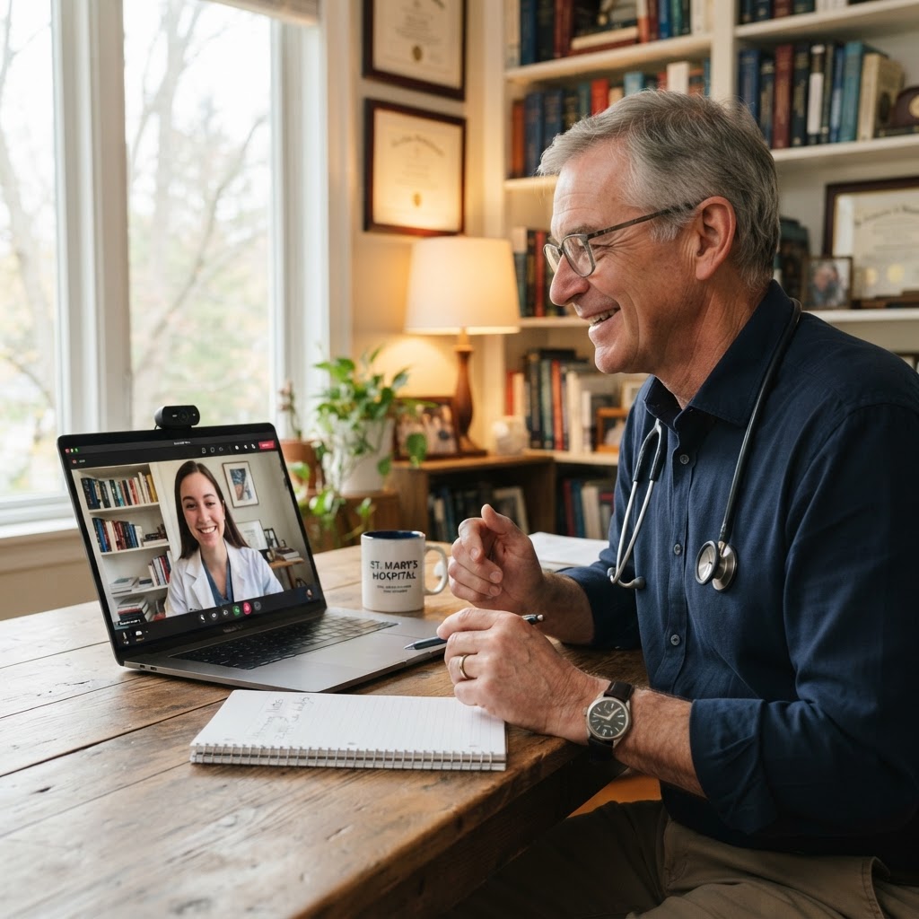 SHIFAYA physician-mentor on a video call with a medical student