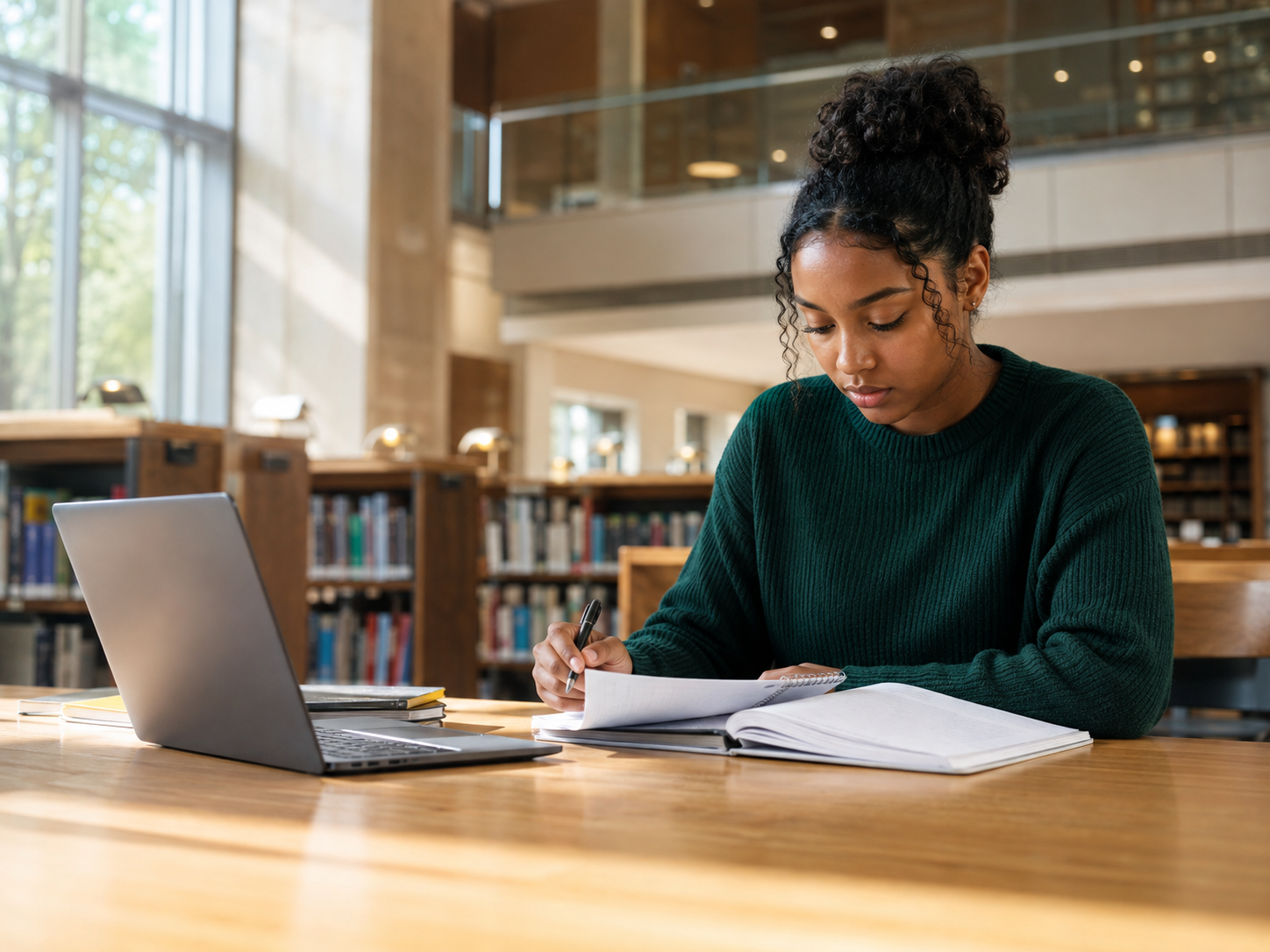 A student studying at a desk with a laptop, notebook and open textbook.