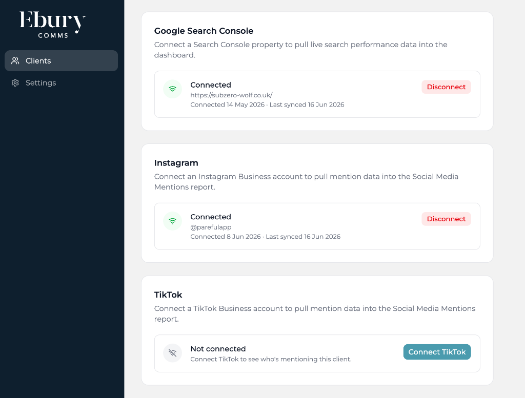 Connect Google Analytics, Search Console and social integrations