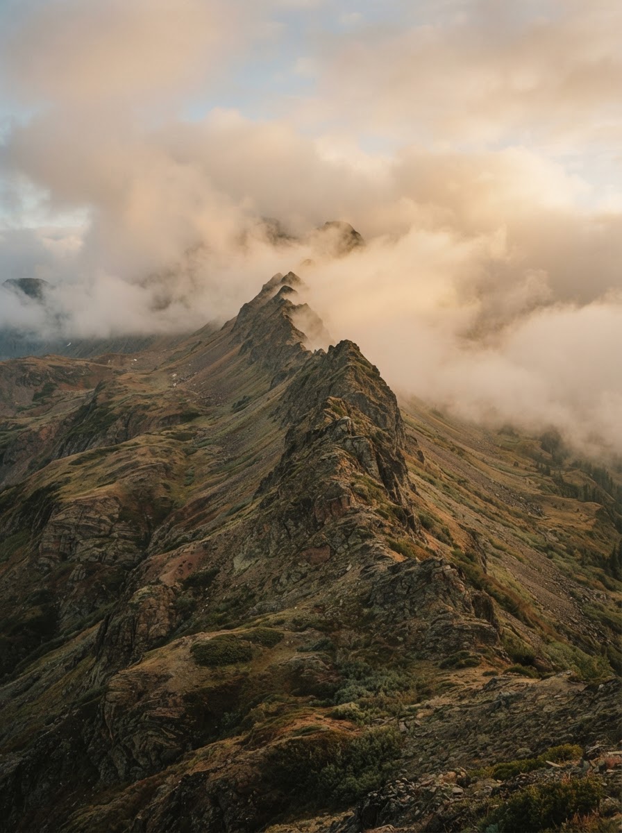 A mountain ridge reaching into the clouds