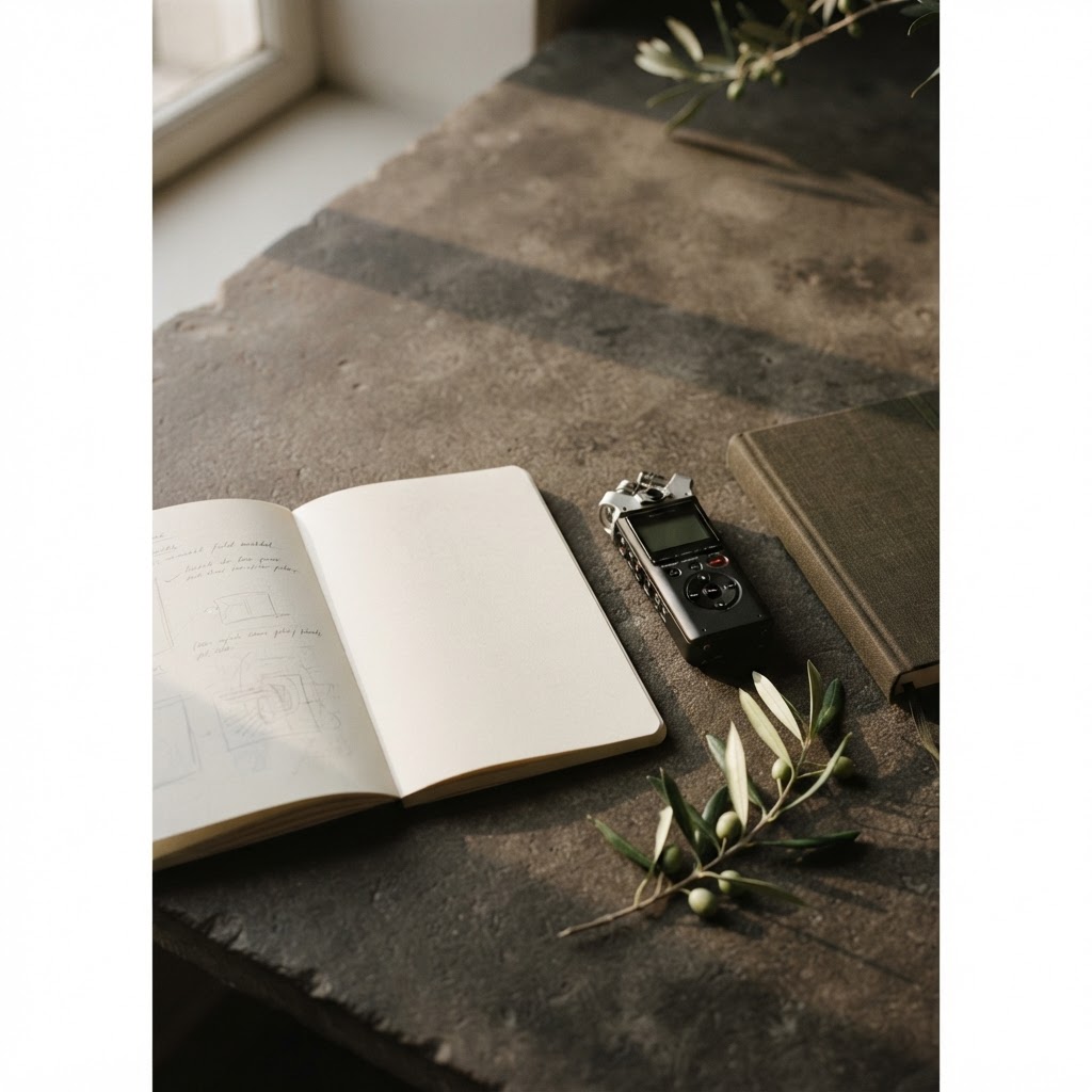 A field notebook and audio recorder in warm natural light
