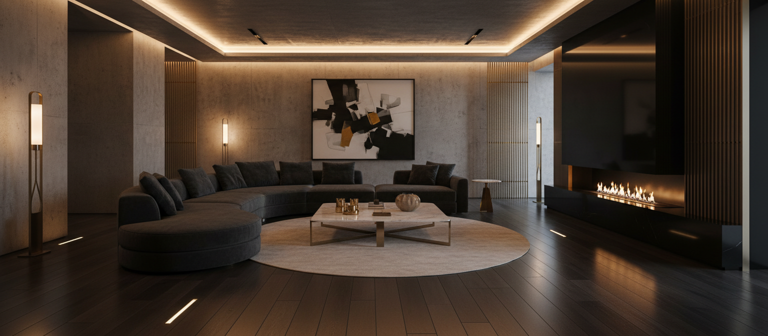 Luxury modern living room with dark sectional sofa and warm ambient lighting