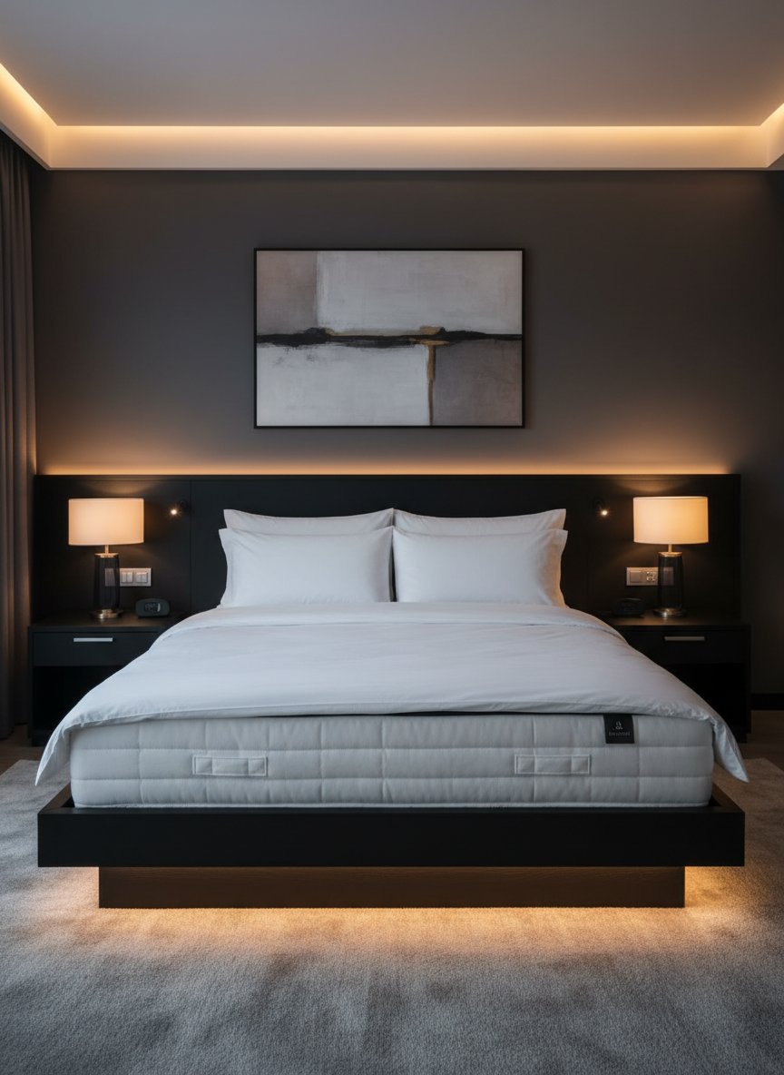 Premium mattress on modern platform bed with luxury bedding