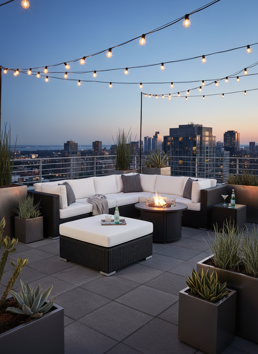 Luxury outdoor patio furniture at dusk with warm lighting