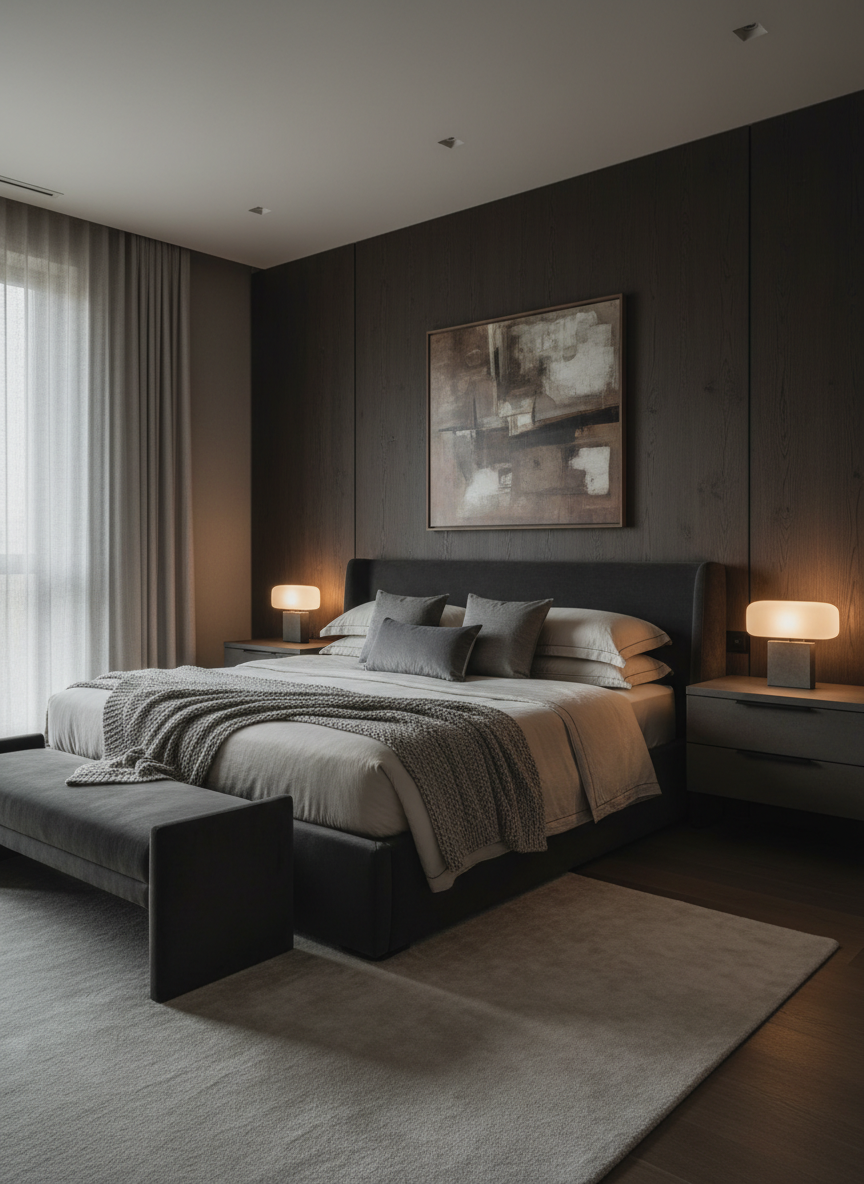 Luxurious modern bedroom with upholstered bed and ambient lighting
