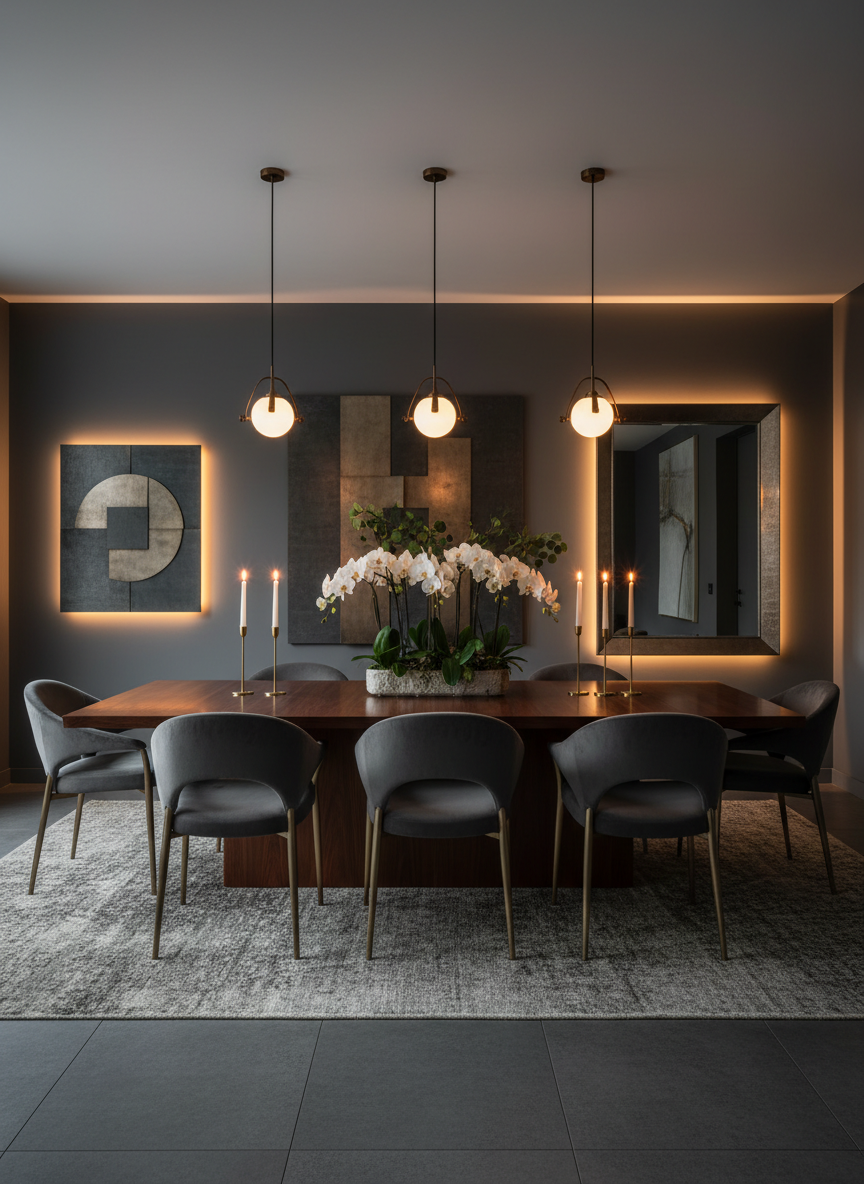 Elegant dining room with dark wood table and pendant lighting