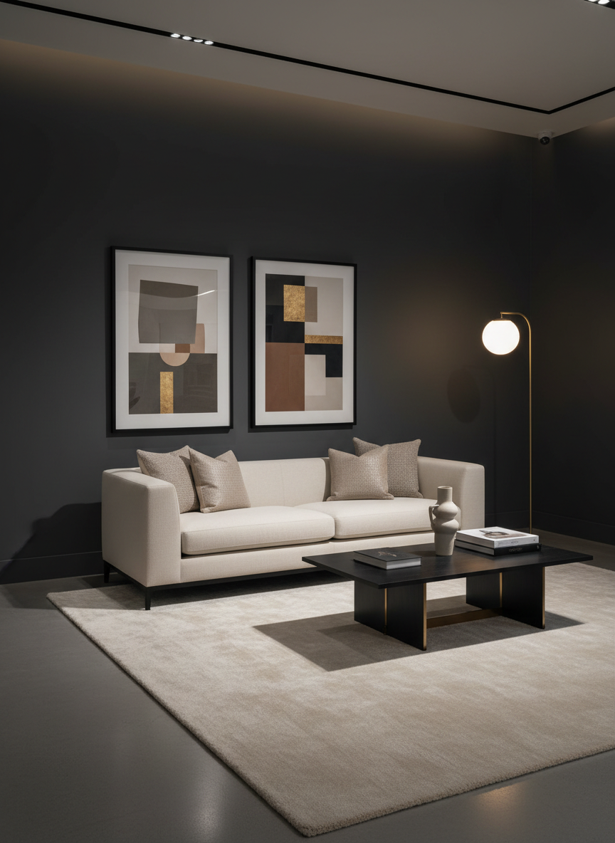 Modern minimalist living room with cream sofa and dark walls