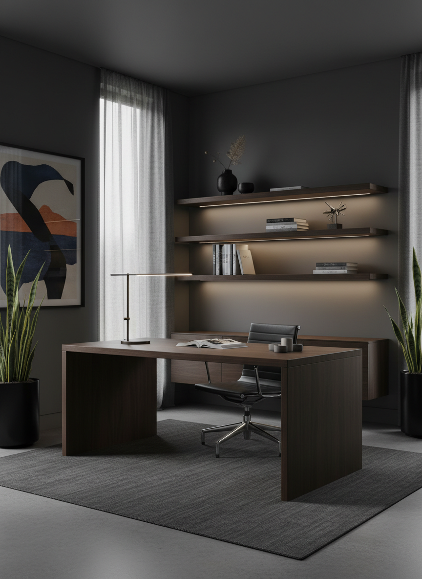 Sleek modern home office with dark walnut desk
