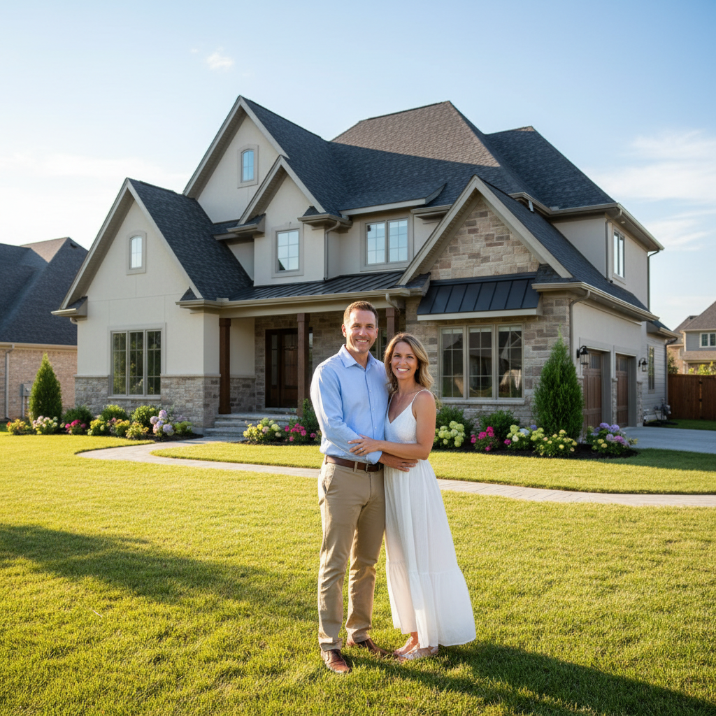 Happy family in front of their home with new roof