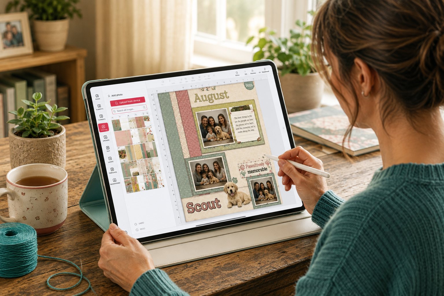 A memory keeper designing a scrapbook page on a tablet