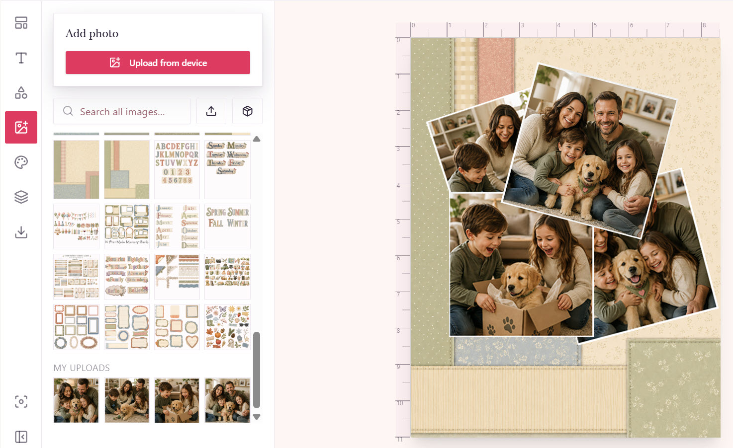 Scrapbook page builder with photos and elements being arranged