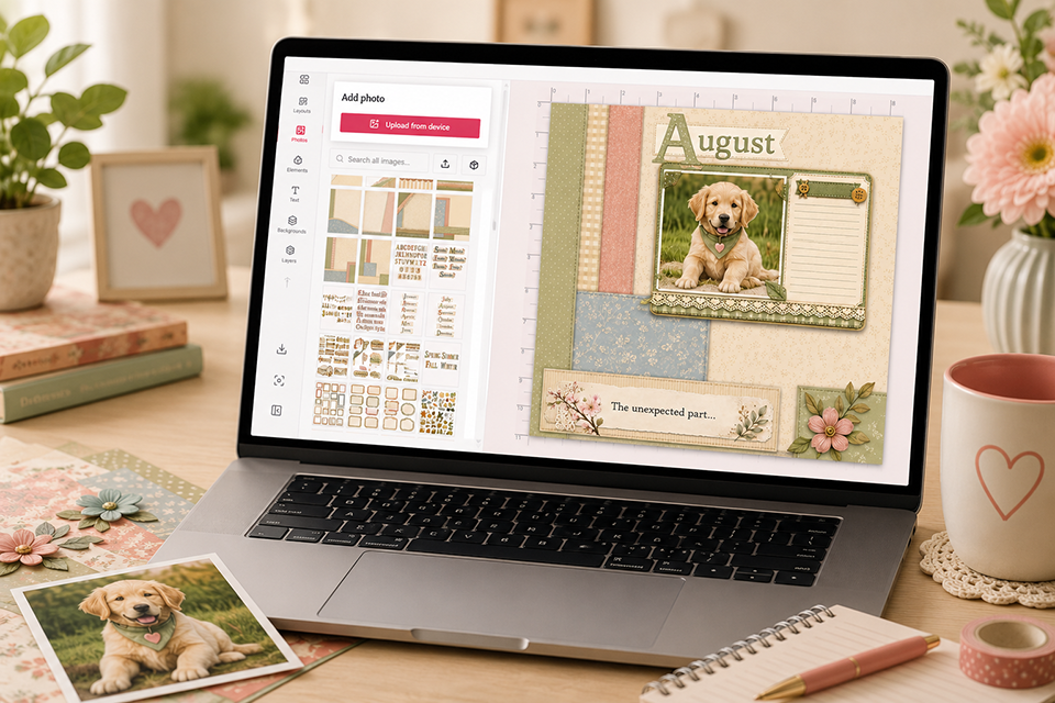 Scrapbook design software on a laptop surrounded by craft supplies