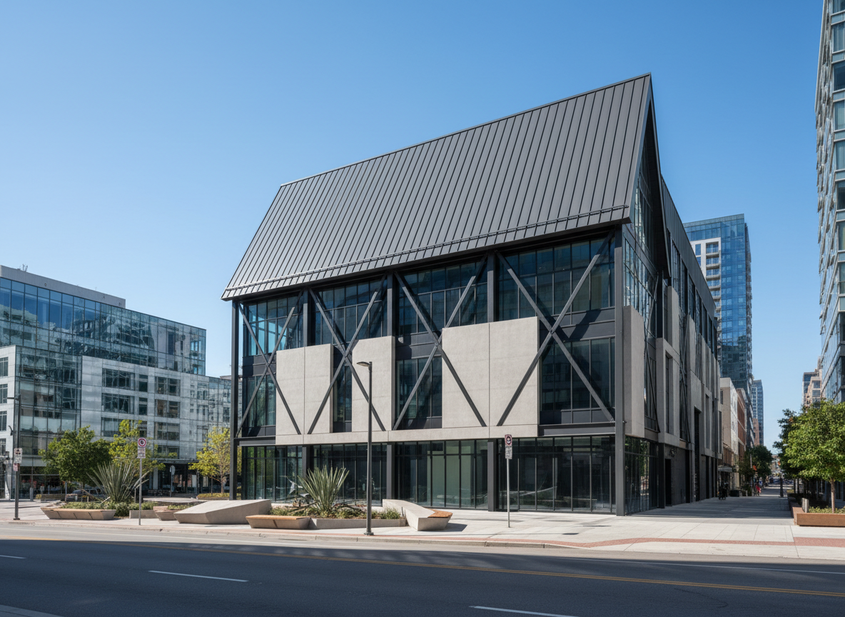 Modern commercial building with metal roof