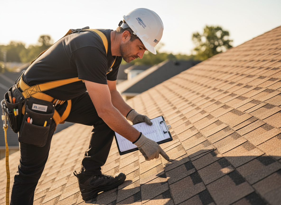 Professional roofing inspector assessing roof damage