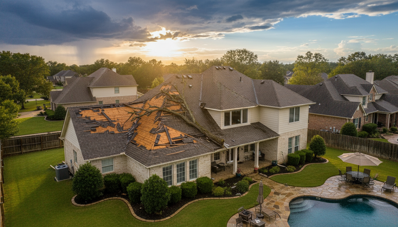 Suburban home with roof damage after a storm