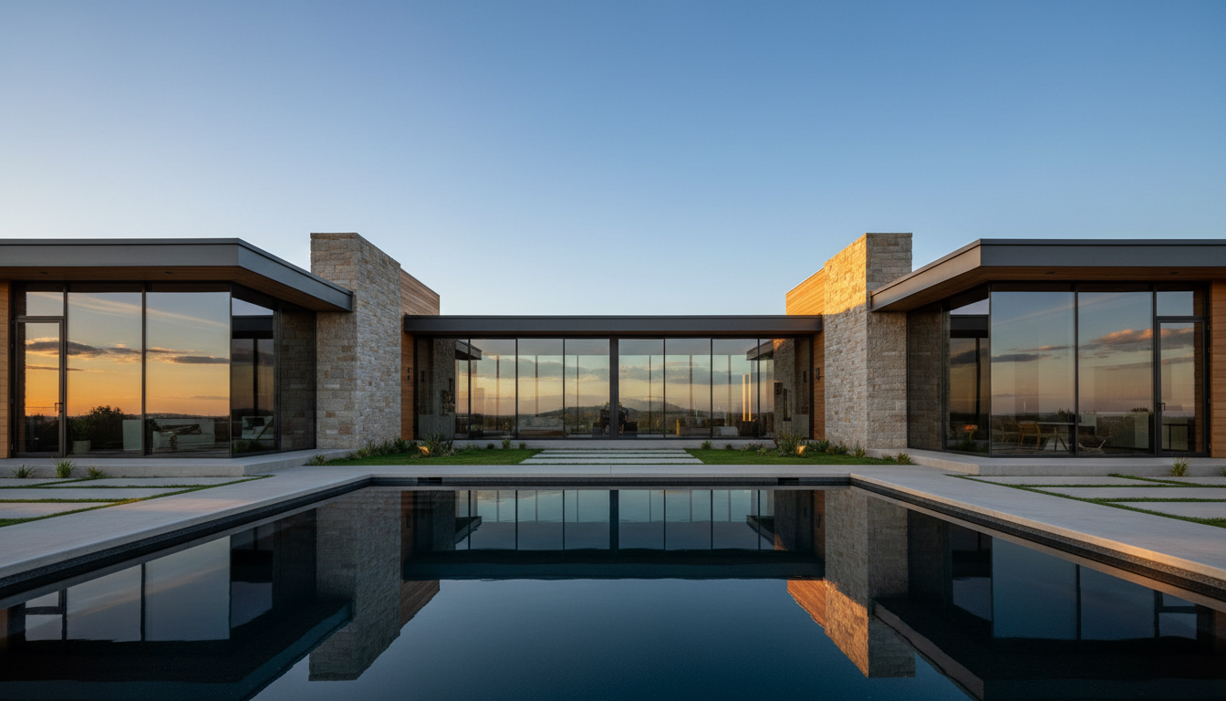 Minimalist modern home with crystal clear floor-to-ceiling windows reflecting a blue sky
