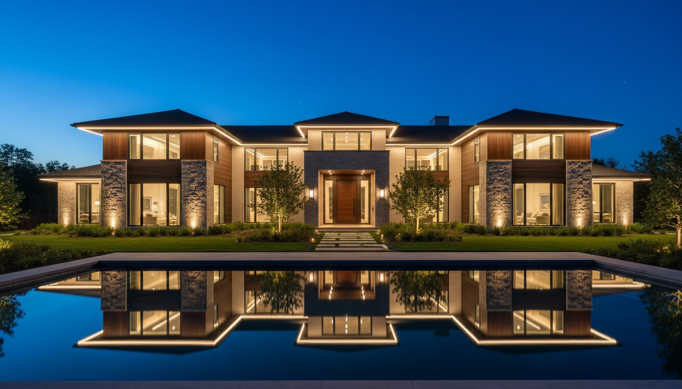 Luxury home with elegant permanent LED lighting along eaves at twilight