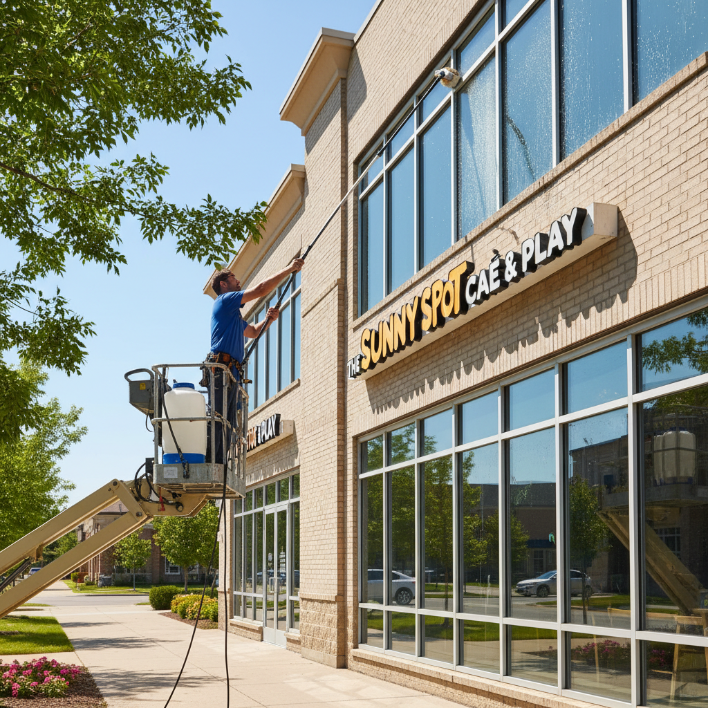 Professional window cleaner working on a low-rise commercial building