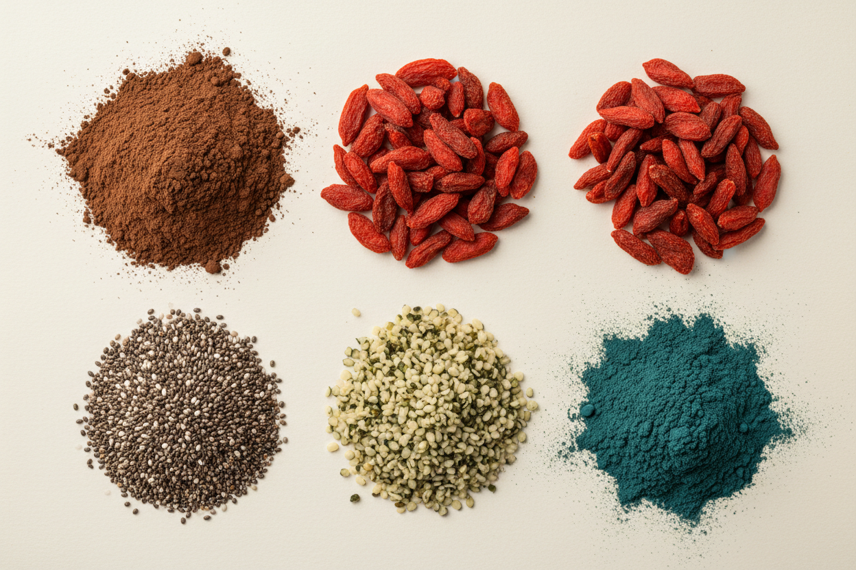 Macro top-down arrangement of organic superfood ingredients: cacao powder, goji berries, hemp seeds, spirulina, chia seeds