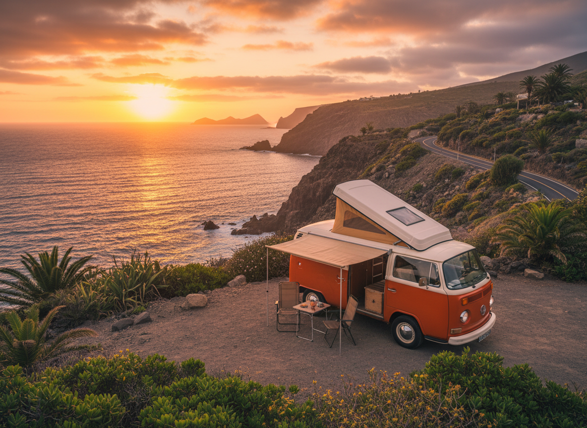 Campervan en un mirador costero de Canarias