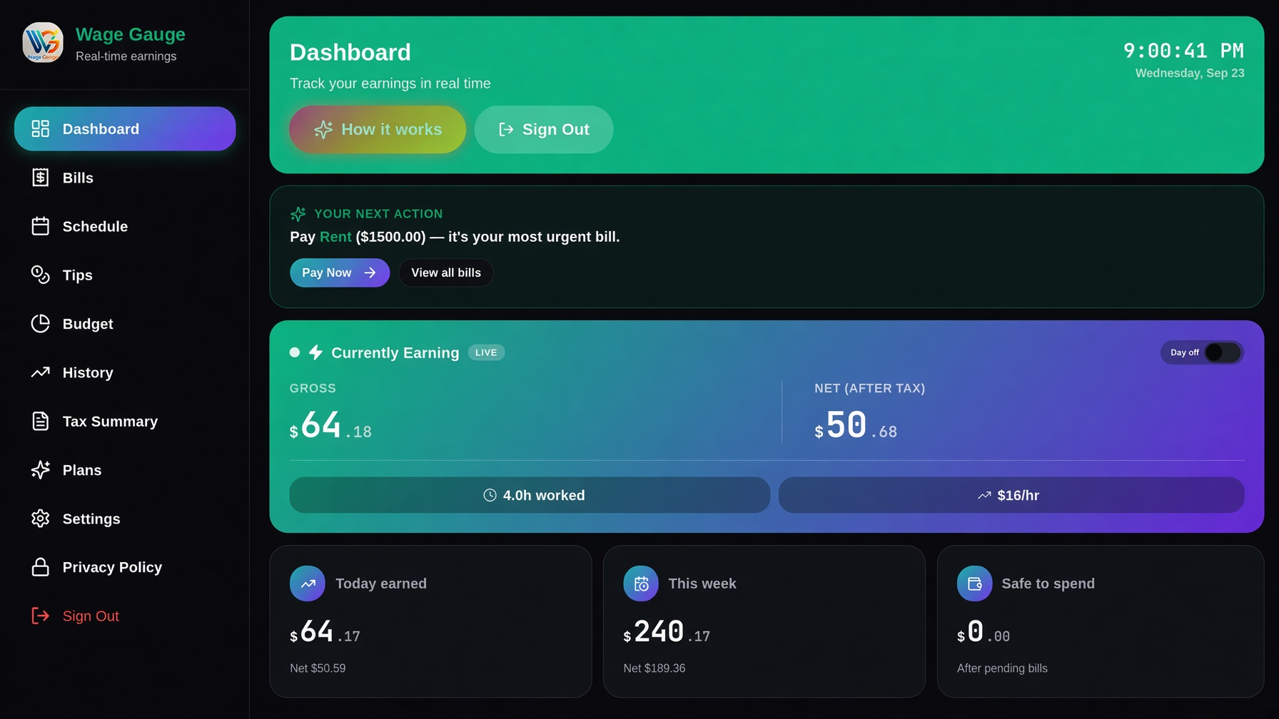Wage Gauge live earnings dashboard