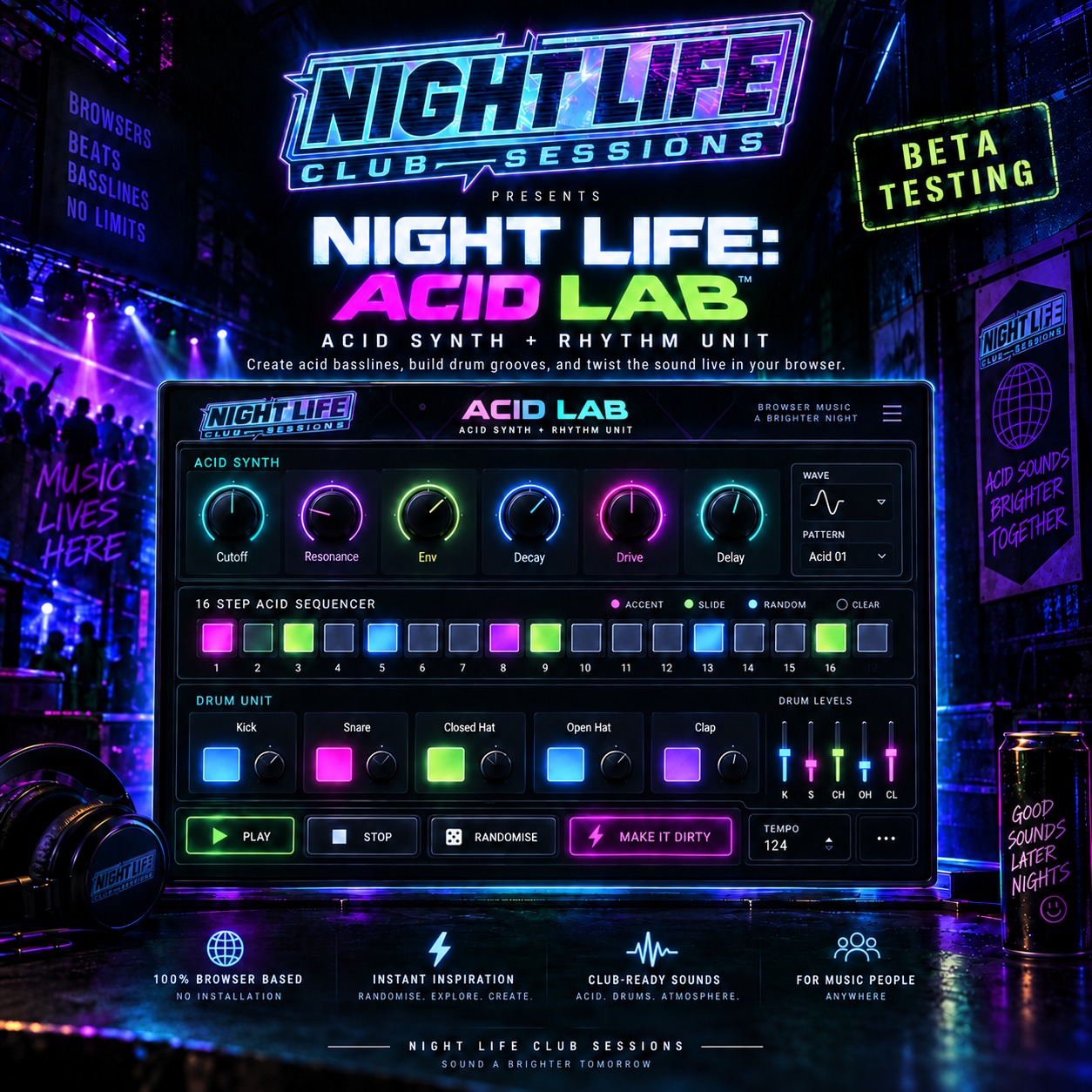 Night Life: Acid Lab — Acid Synth + Rhythm Unit. Create acid basslines, build drum grooves, and twist the sound live in your browser.