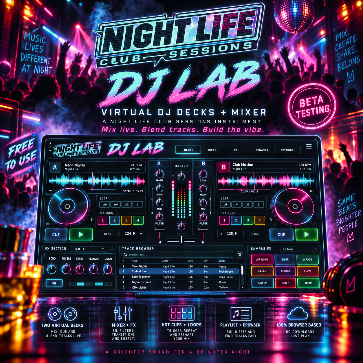 Night Life: DJ Lab — Virtual DJ decks + mixer. Mix live, blend tracks and build the vibe in your browser.