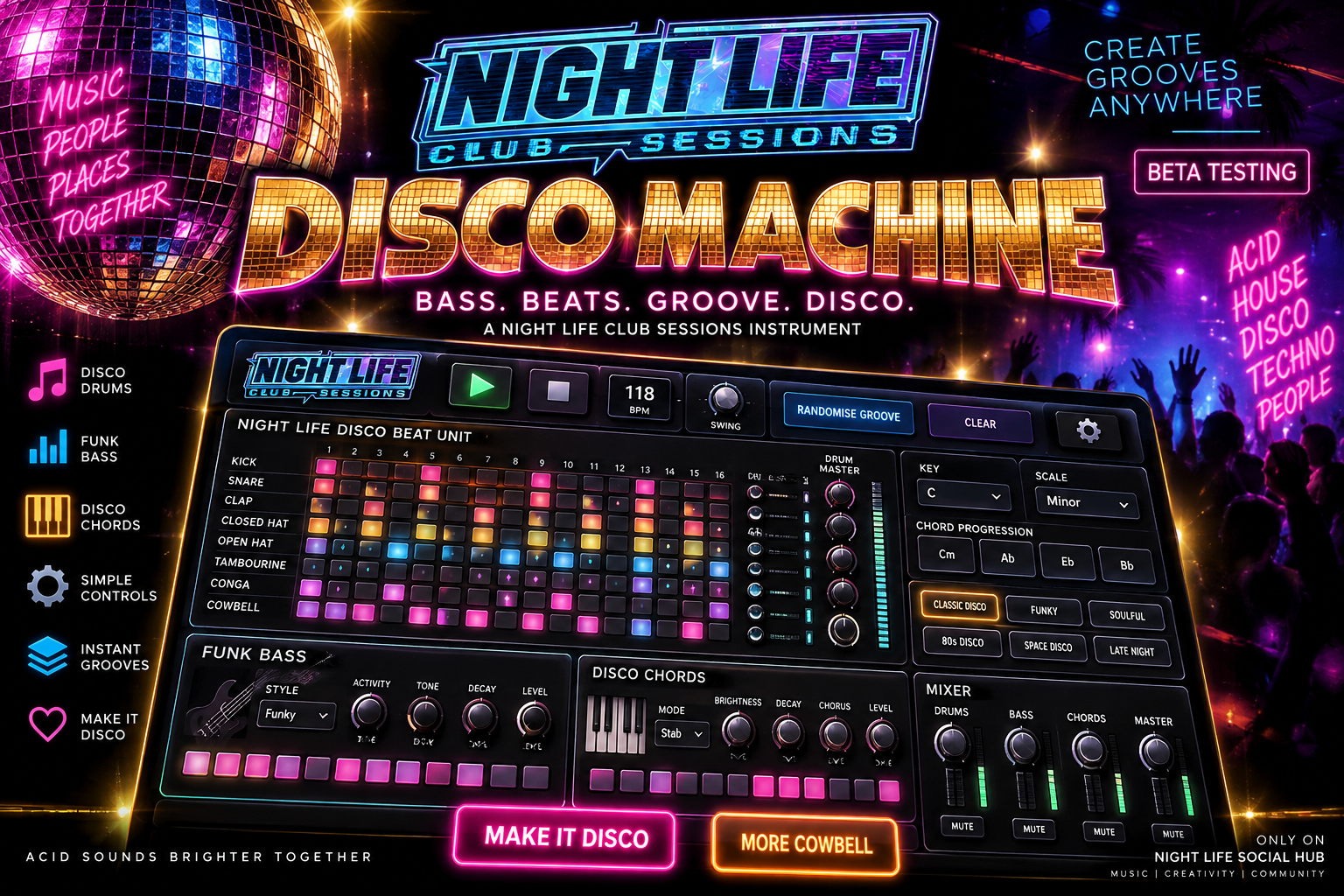 Night Life: Disco Machine — Bass. Beats. Groove. Disco. A browser-based disco instrument with drums, funk bass, and disco chords.