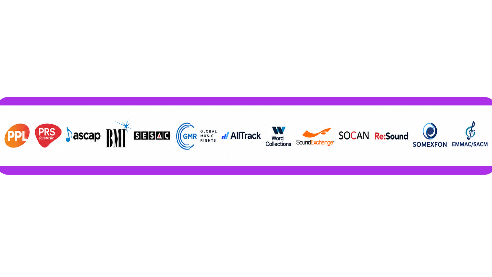 Music licensing bodies — PPL, PRS, ASCAP, BMI, SESAC, GMR, AllTrack, Word Collections, SoundExchange, SOCAN, Re:Sound, SOMEXFON, EMMAC/SACM